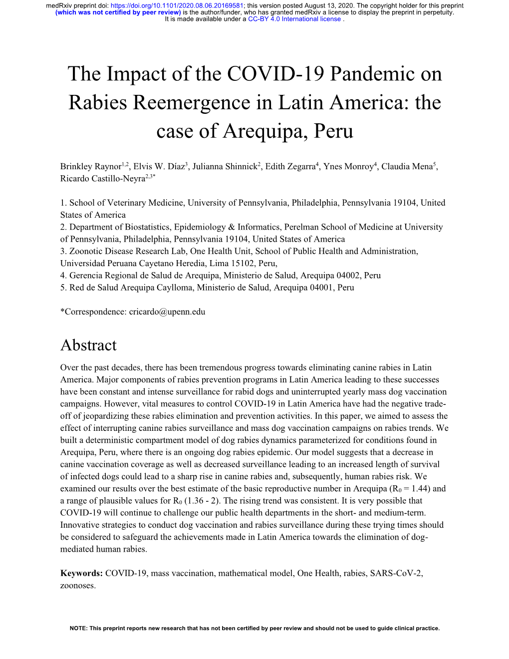 The Impact of the COVID-19 Pandemic on Rabies Reemergence in Latin America: the Case of Arequipa, Peru