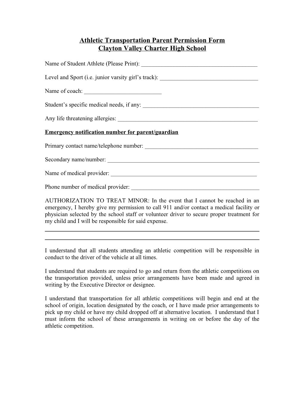 Athletic Transportation Parent Permission Form