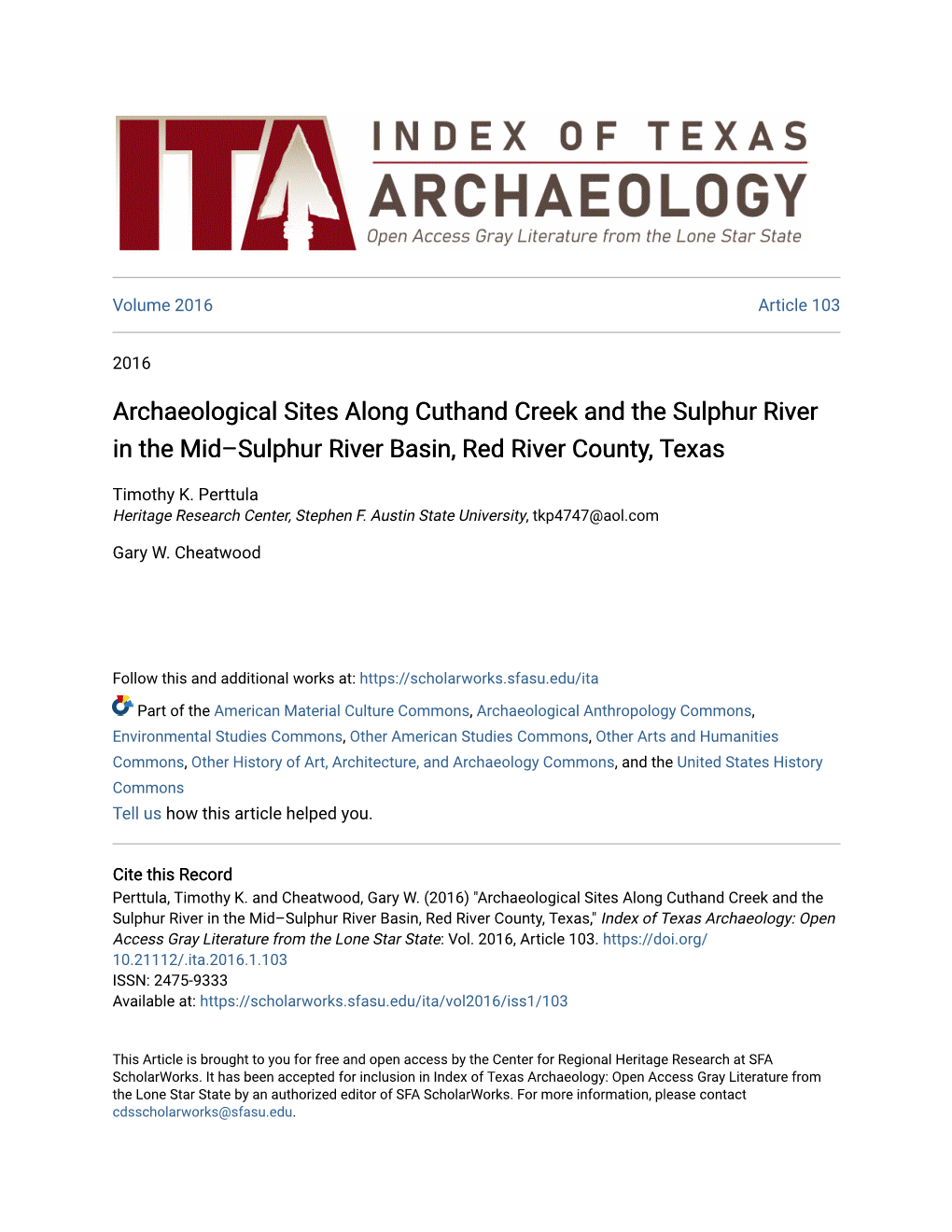 Archaeological Sites Along Cuthand Creek and the Sulphur River in the Mid–Sulphur River Basin, Red River County, Texas