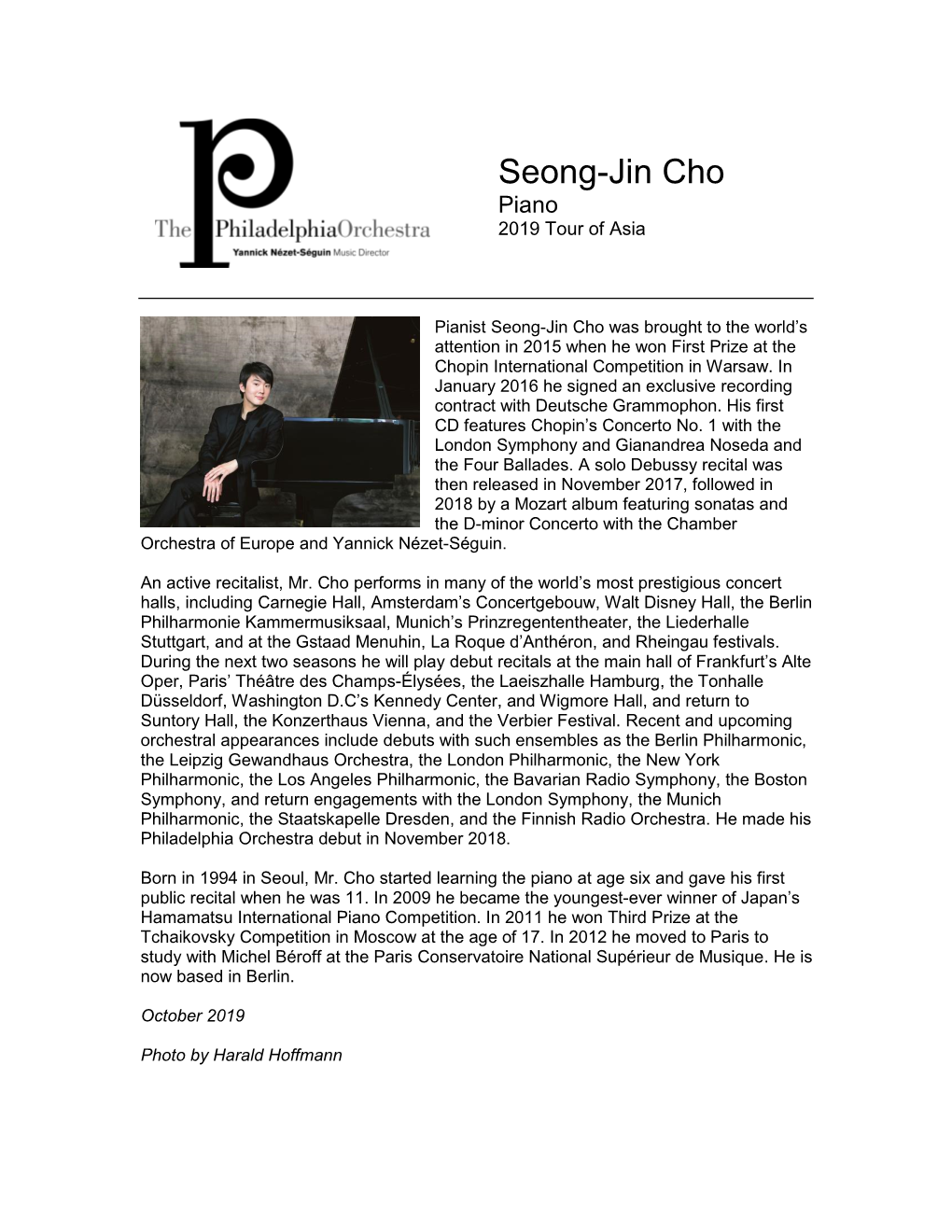 Seong-Jin Cho Piano 2019 Tour of Asia