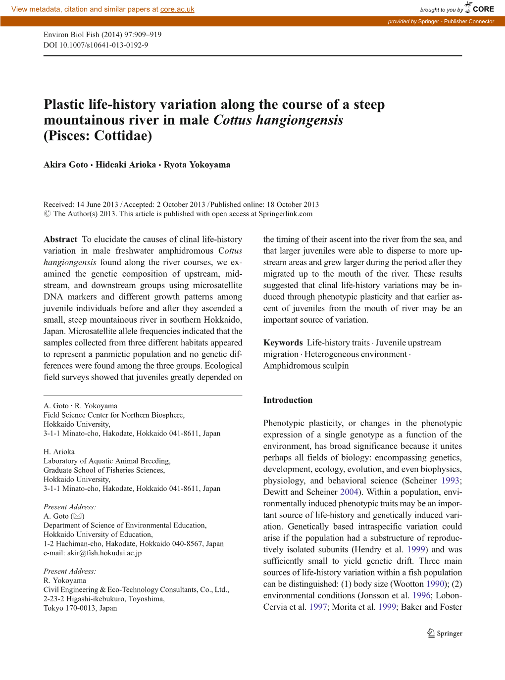 Plastic Life-History Variation Along the Course of a Steep Mountainous River in Male Cottus Hangiongensis (Pisces: Cottidae)