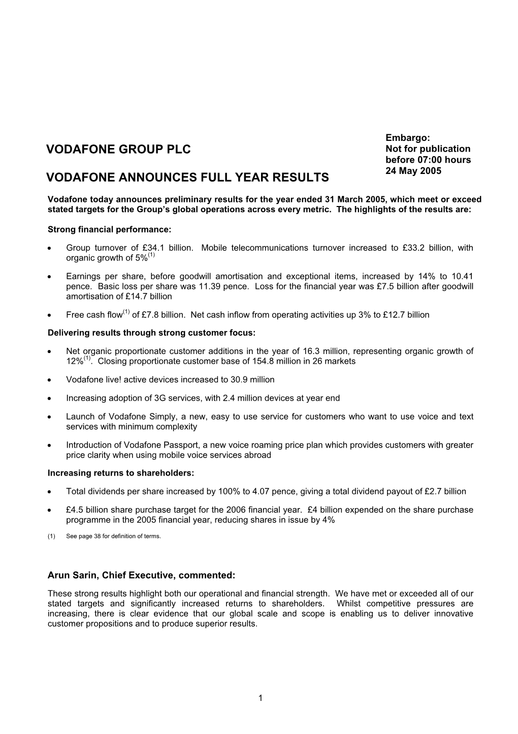 Vodafone Group Plc Vodafone Announces Full