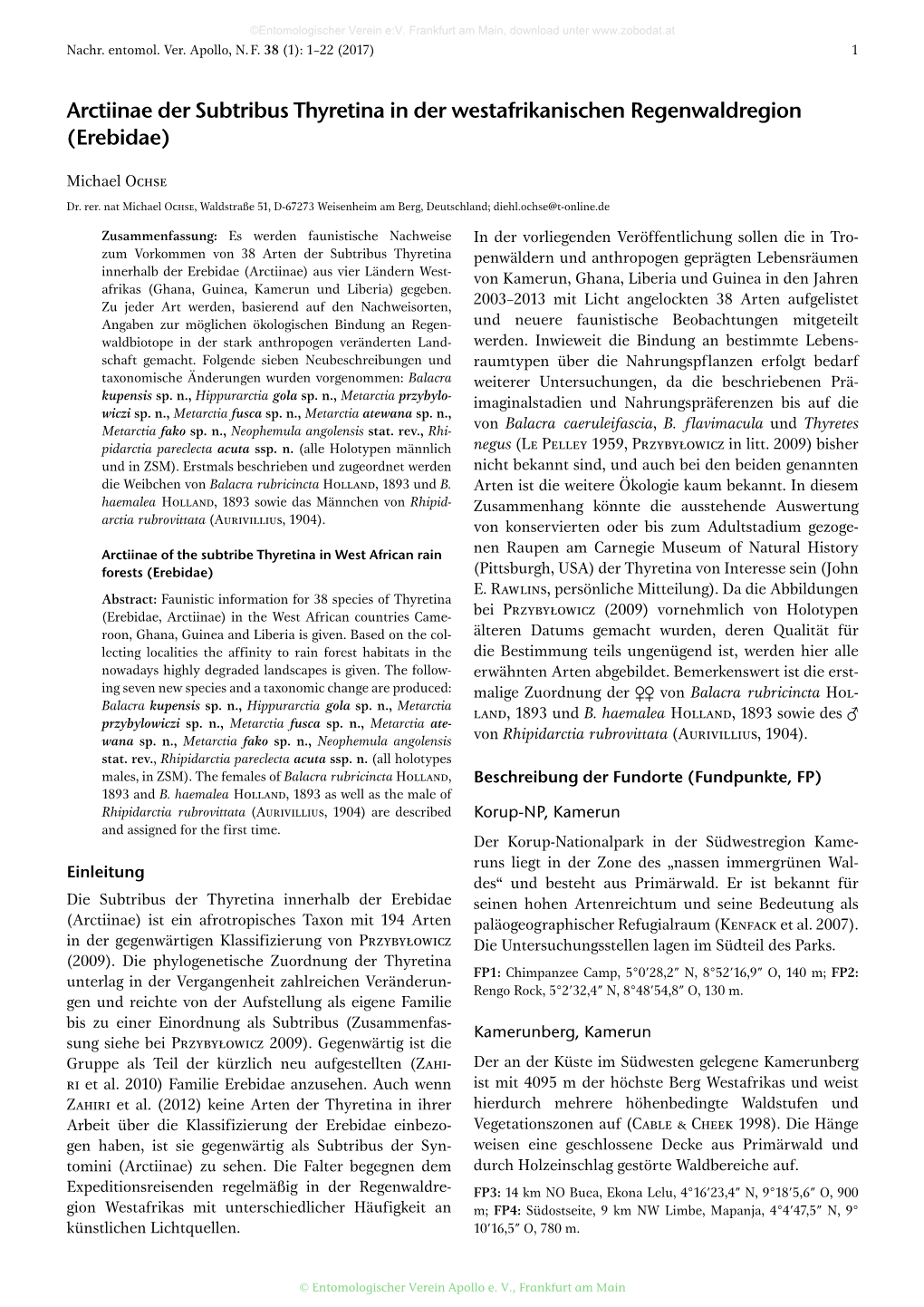 Arctiinae Der Subtribus Thyretina in Der Westafrikanischen Regenwaldregion (Erebidae)