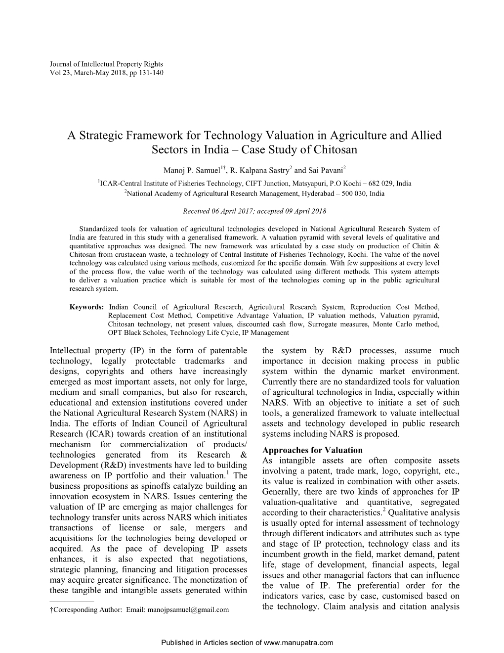 A Strategic Framework for Technology Valuation in Agriculture and Allied Sectors in India – Case Study of Chitosan