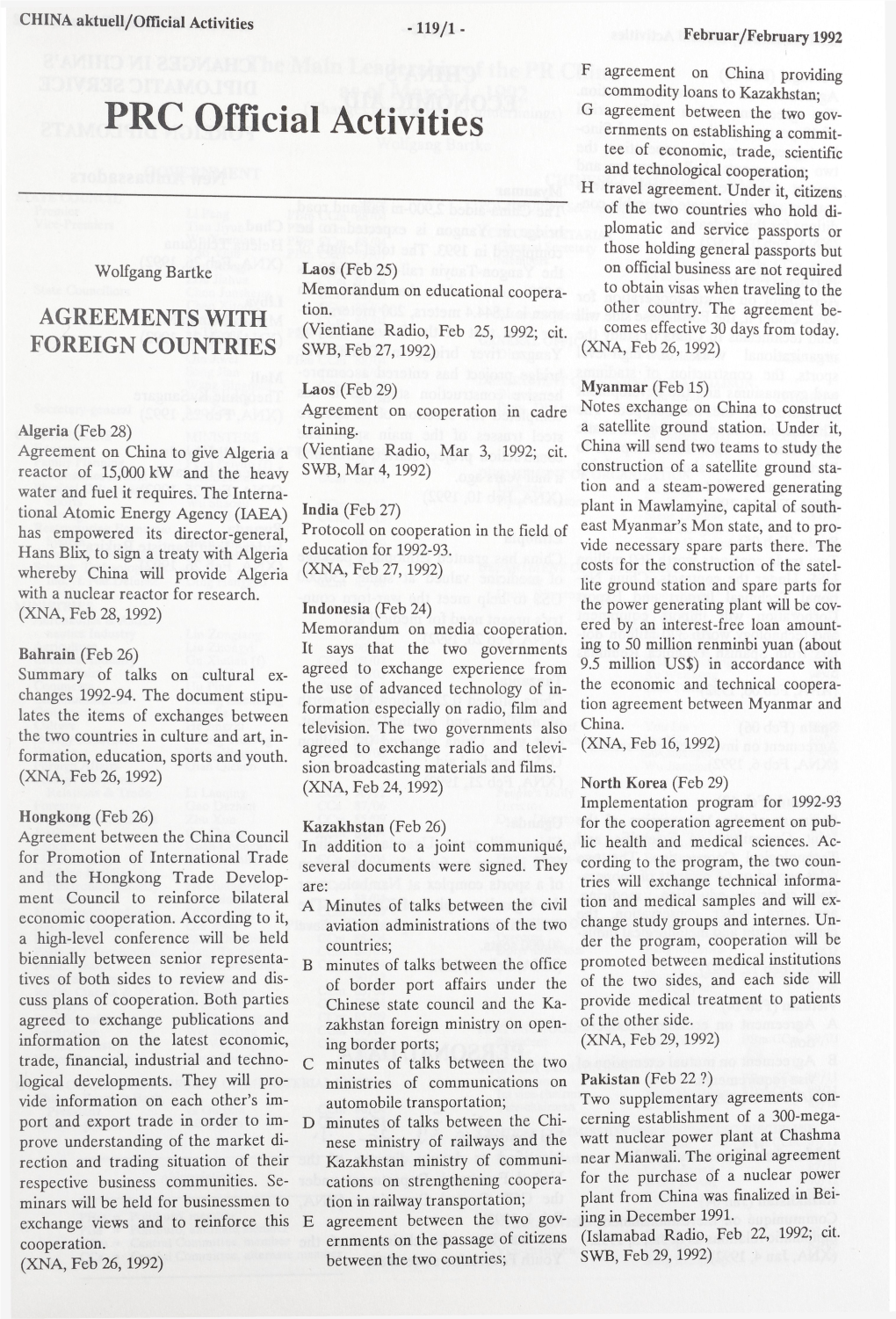 PRC Official Activities Ernments on Establishing a Commit­ Tee of Economic, Trade, Scientific and Technological Cooperation; H Travel Agreement