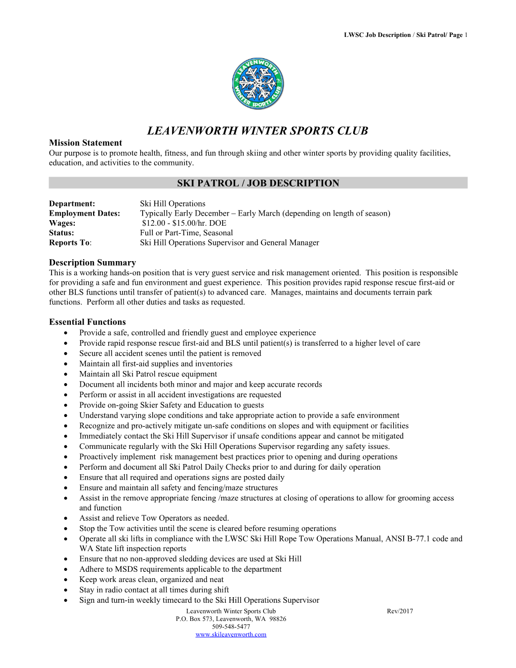 LWSC Job Description / Ski Patrol/ Page 2