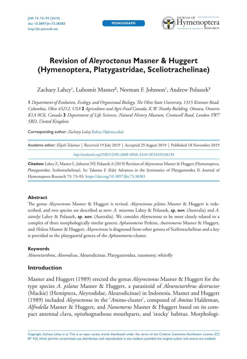 ﻿Revision of Aleyroctonus Masner & Huggert (Hymenoptera