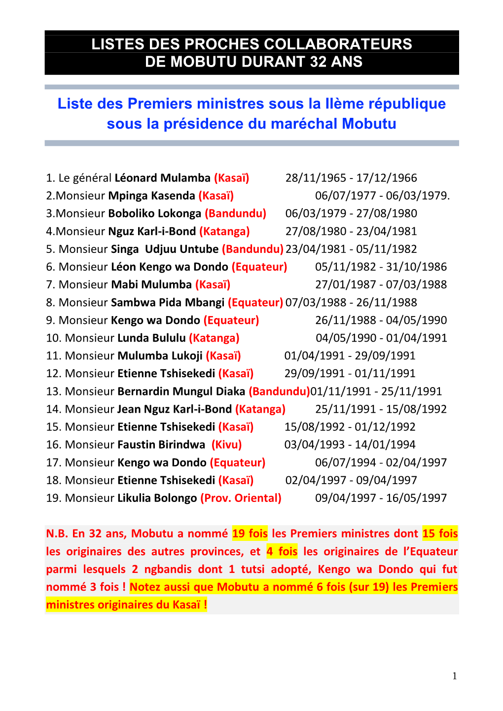 Listes Des Proches Collaborateurs De Mobutu Durant 32 Ans