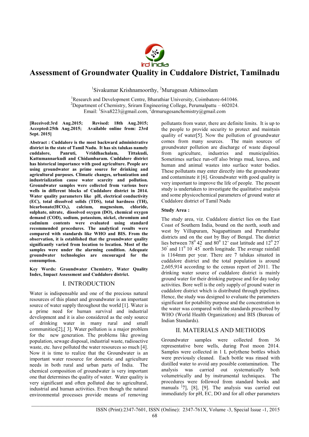 Assessment of Groundwater Quality in Cuddalore District, Tamilnadu