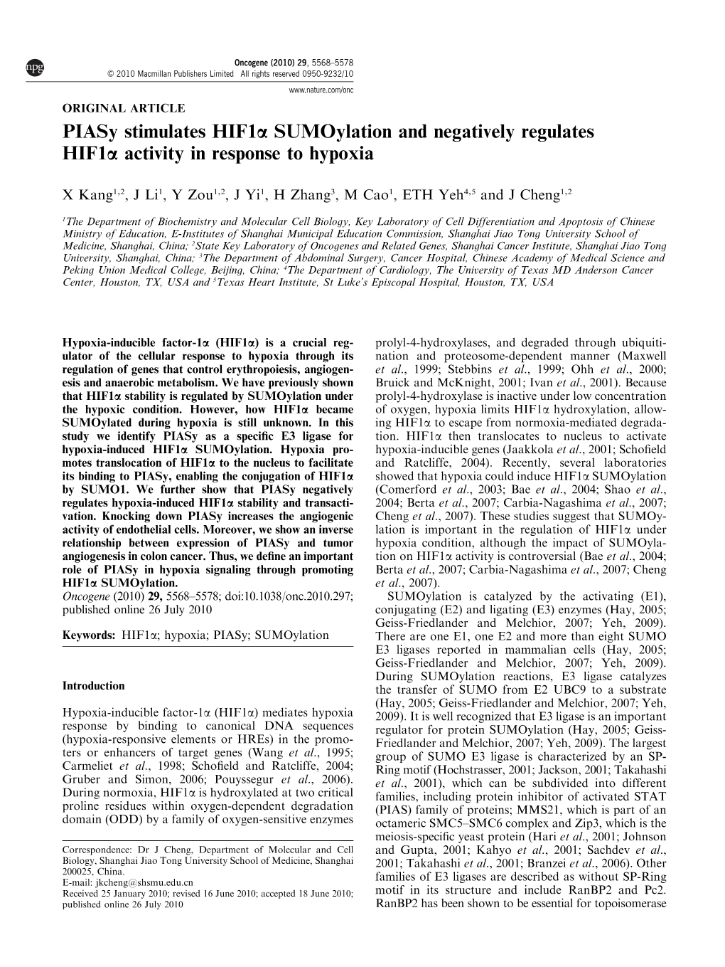 Piasy Stimulates Hif1α Sumoylation and Negatively Regulates