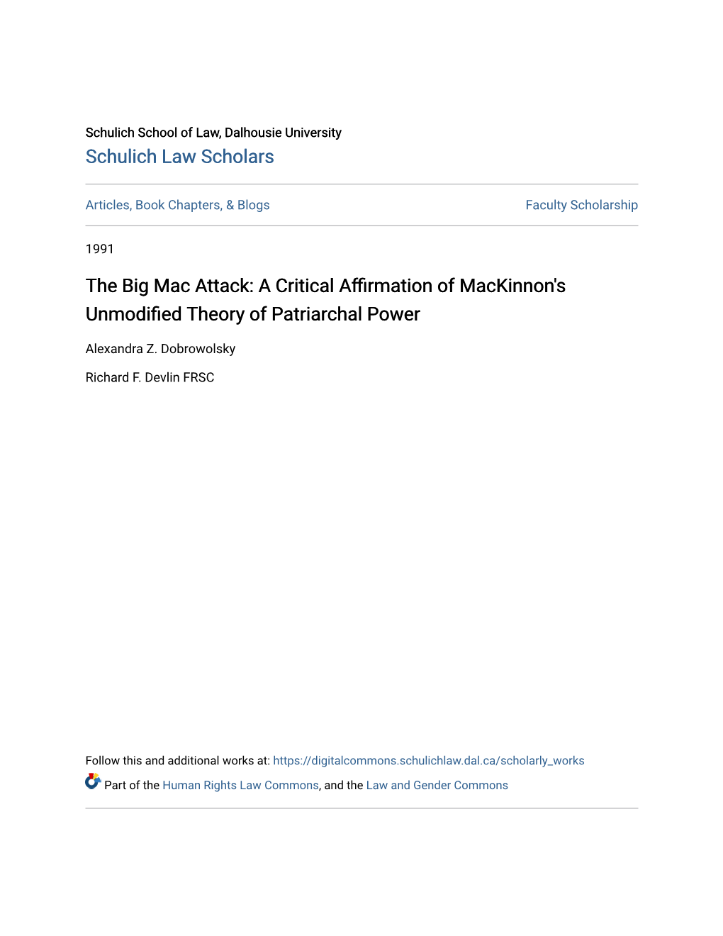 The Big Mac Attack: a Critical Affirmation of Mackinnon's Unmodified Theory of Patriarchal Power