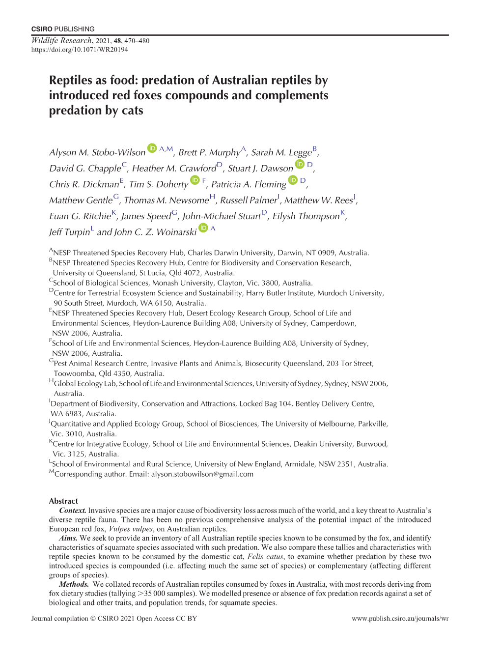 Predation of Australian Reptiles by Introduced Red Foxes Compounds and Complements Predation by Cats