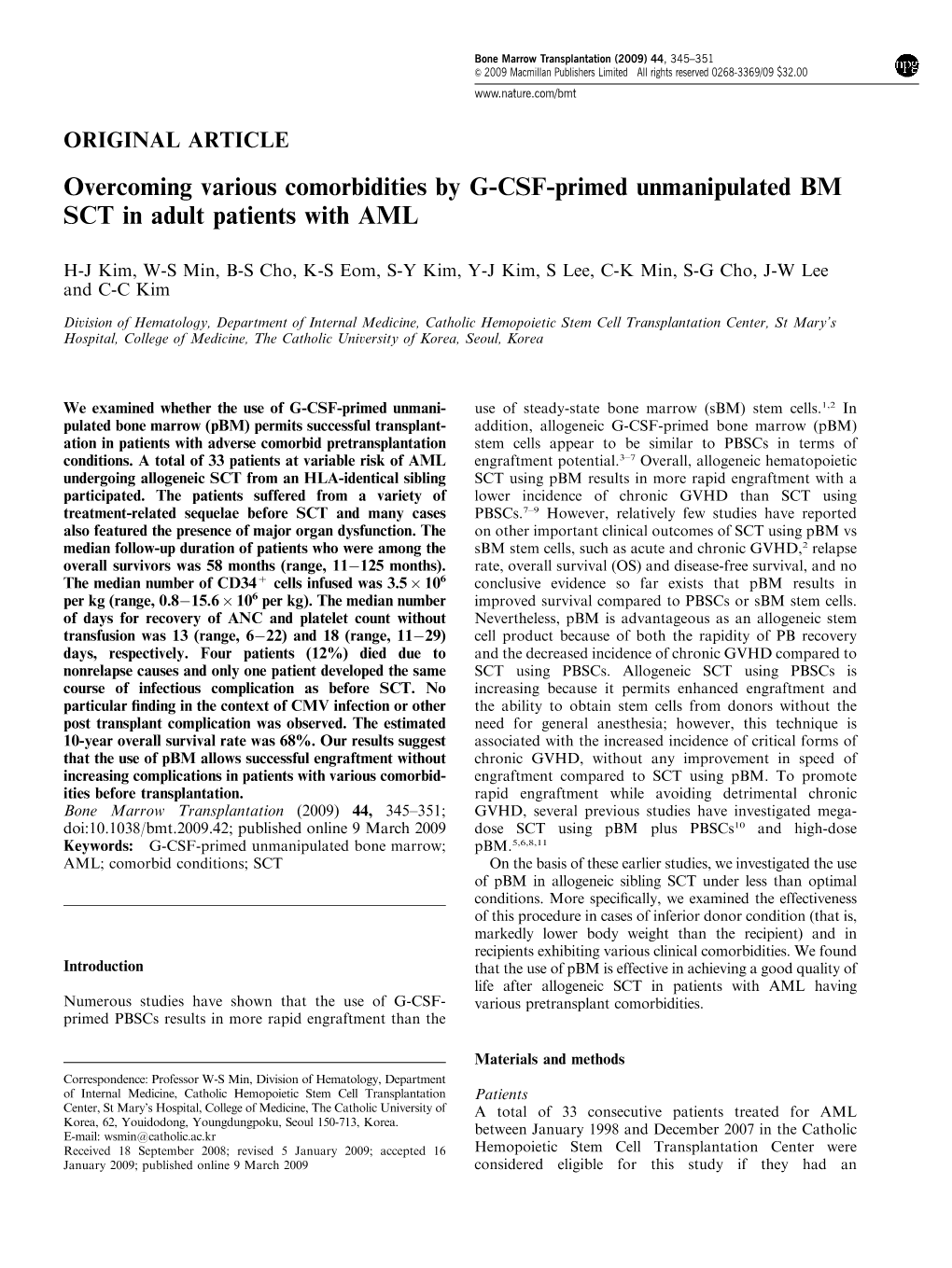 Overcoming Various Comorbidities by G-CSF-Primed Unmanipulated BM SCT in Adult Patients with AML