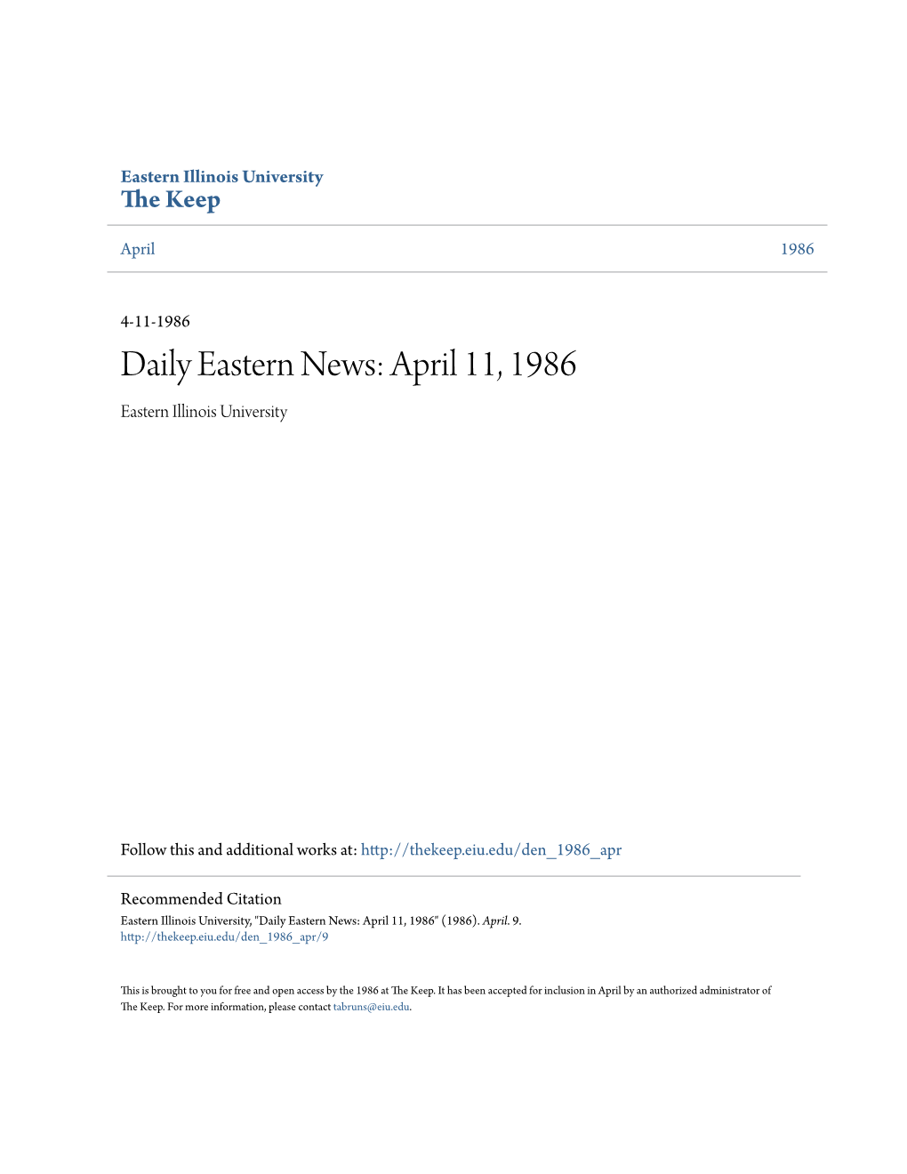 Stern News: April 11, 1986 Eastern Illinois University