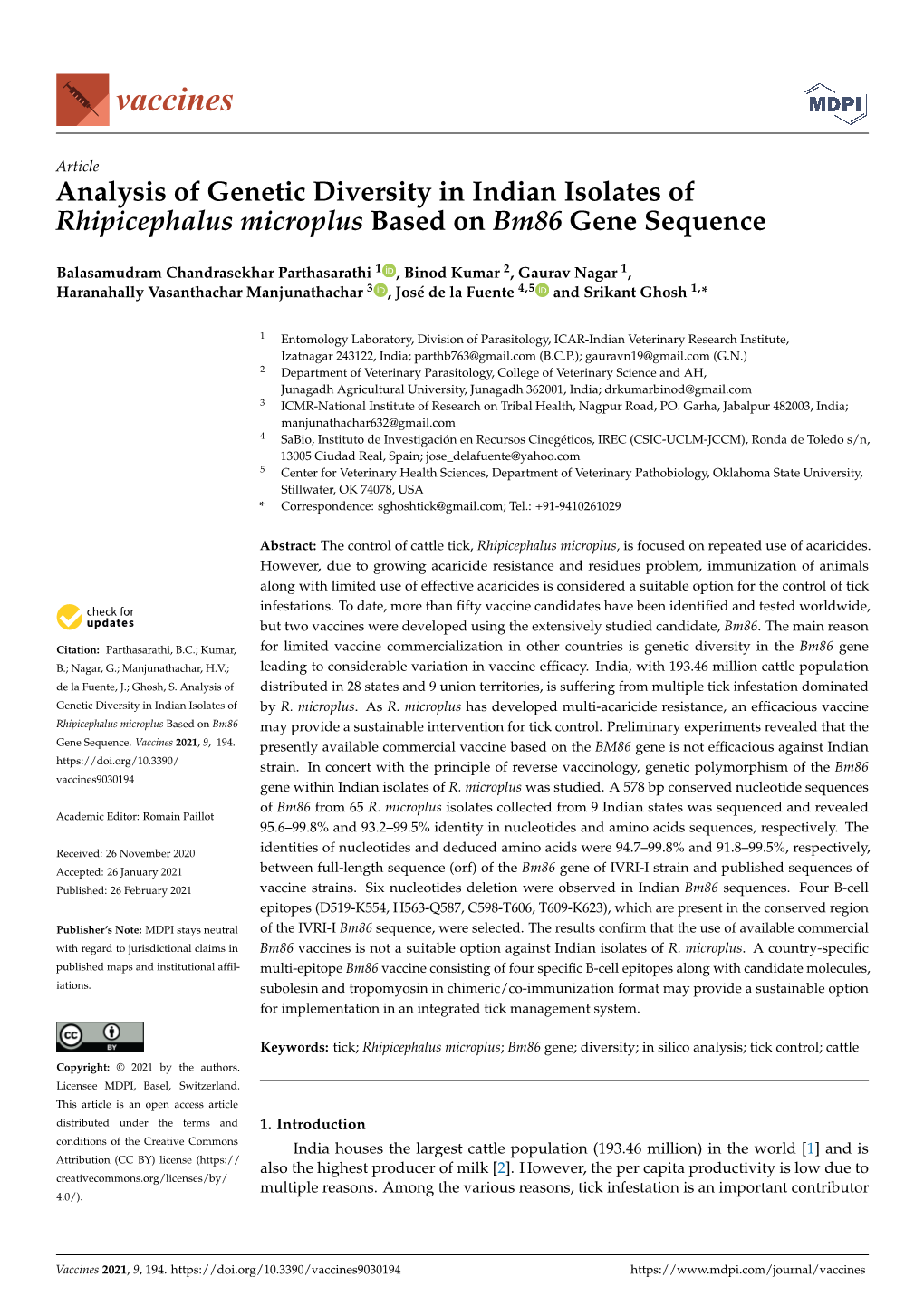 Analysis of Genetic Diversity in Indian Isolates of Rhipicephalus Microplus Based on Bm86 Gene Sequence