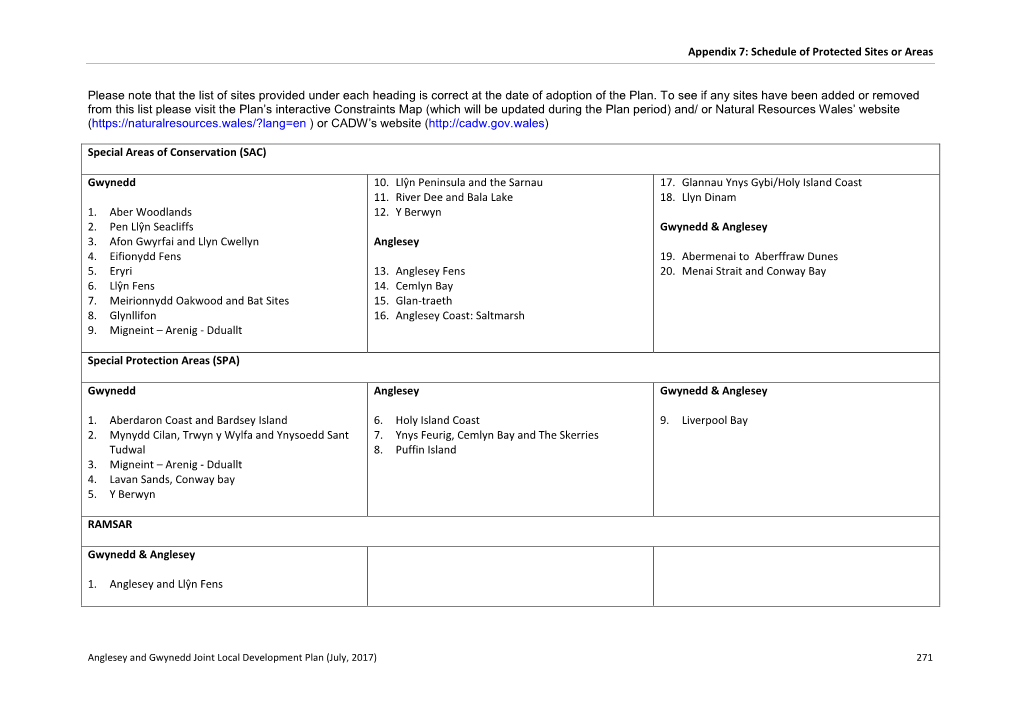 Appendix 7: Schedule of Protected Sites Or Areas Please Note That The