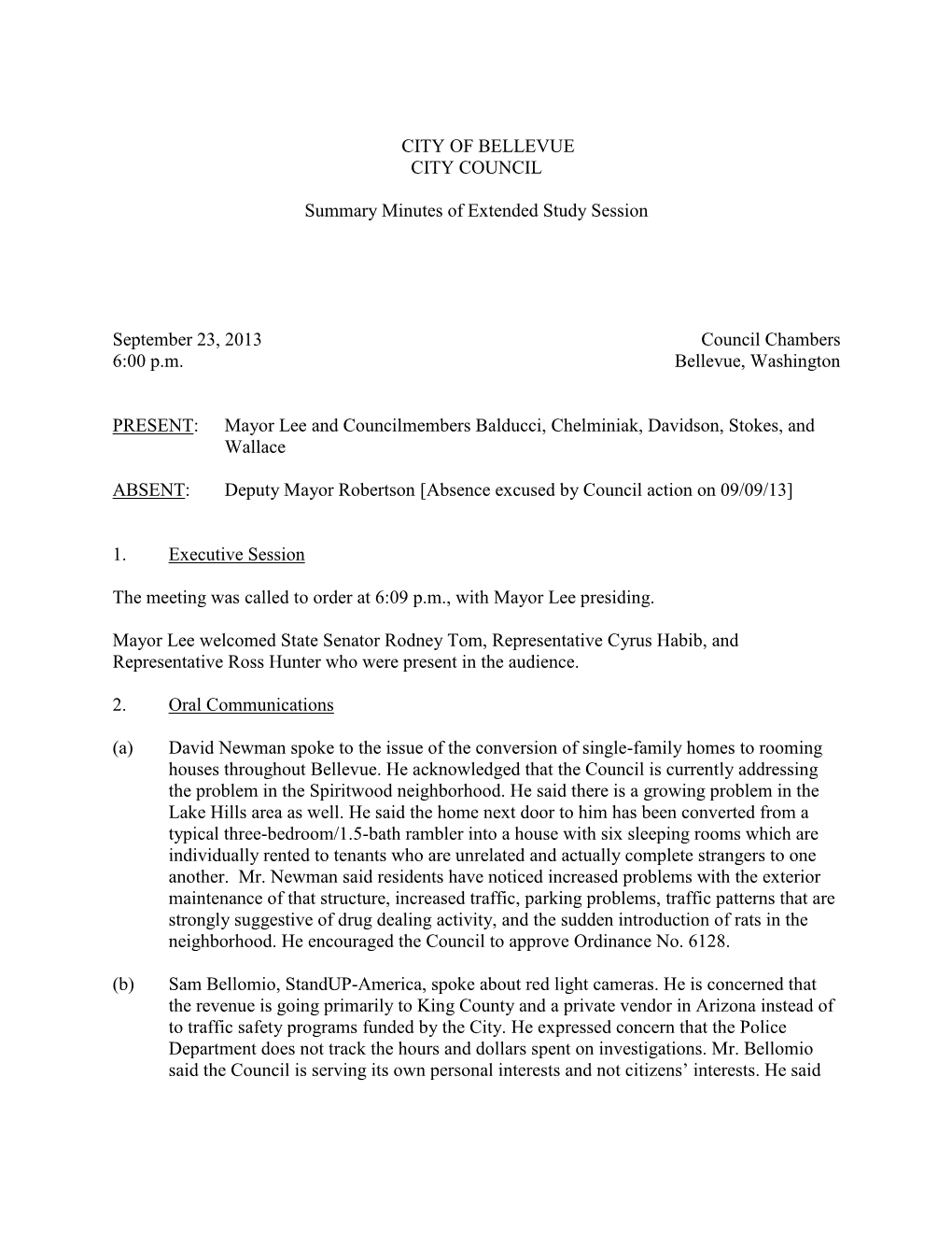 CITY of BELLEVUE CITY COUNCIL Summary Minutes of Extended