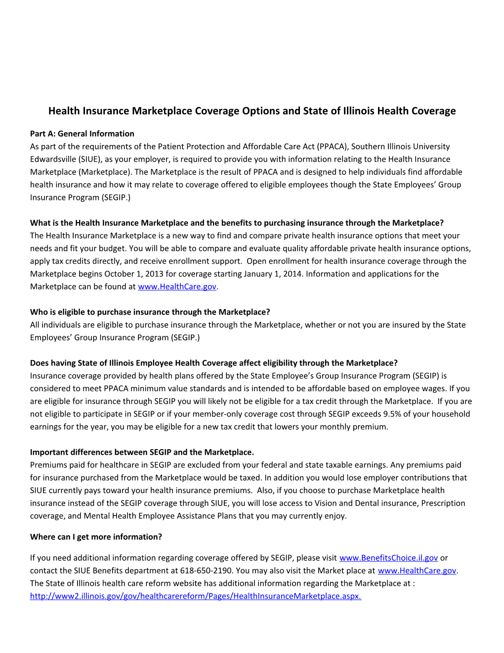 Health Insurance Marketplace Coverage Options and State of Illinois Health Coverage