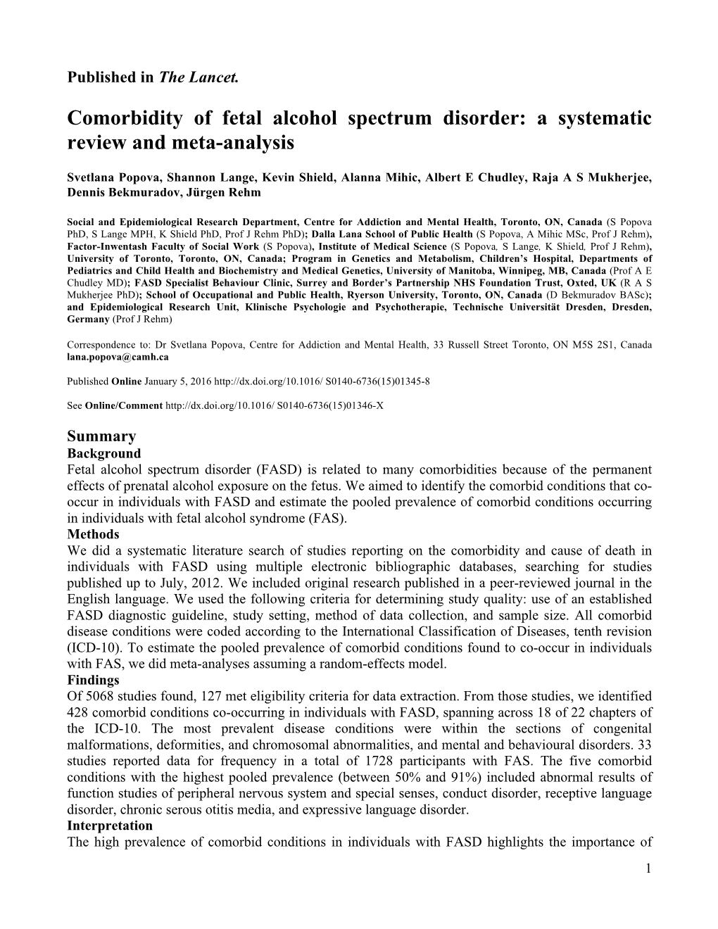 Comorbidity of Fetal Alcohol Spectrum Disorder: a Systematic Review and Meta-Analysis