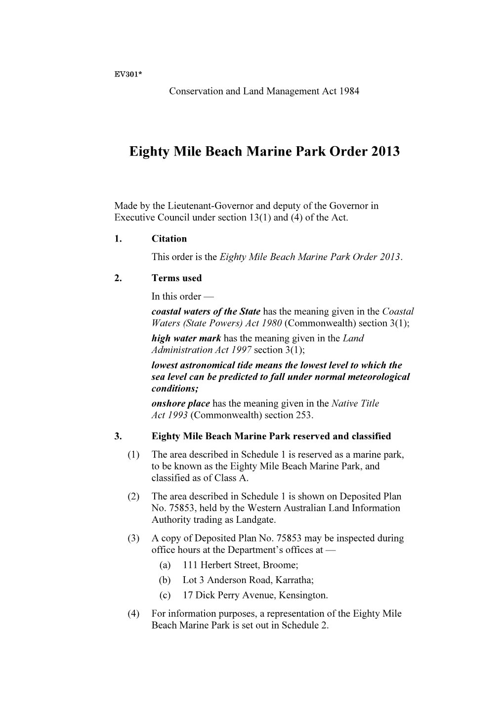 Eighty Mile Beach Marine Park Order 2013