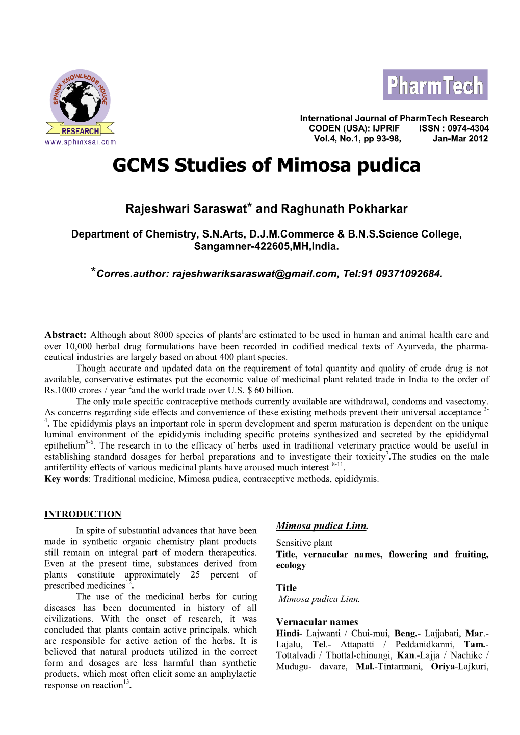 GCMS Studies of Mimosa Pudica