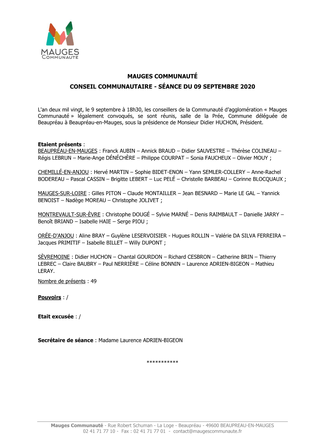 Mauges Communauté Conseil Communautaire - Séance Du 09 Septembre 2020