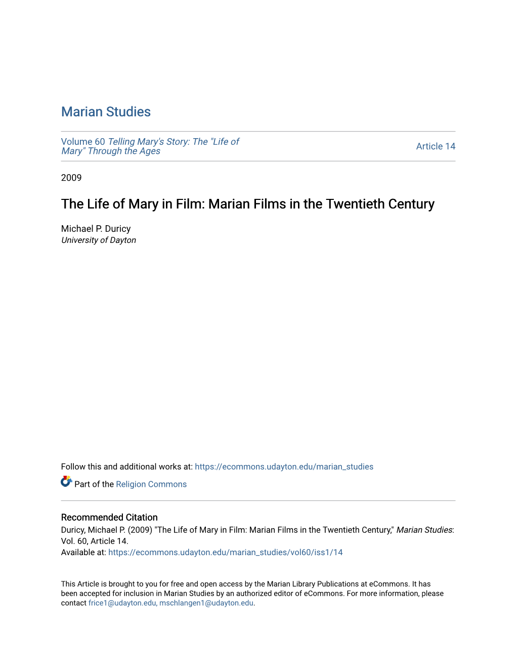 The Life of Mary in Film: Marian Films in the Twentieth Century