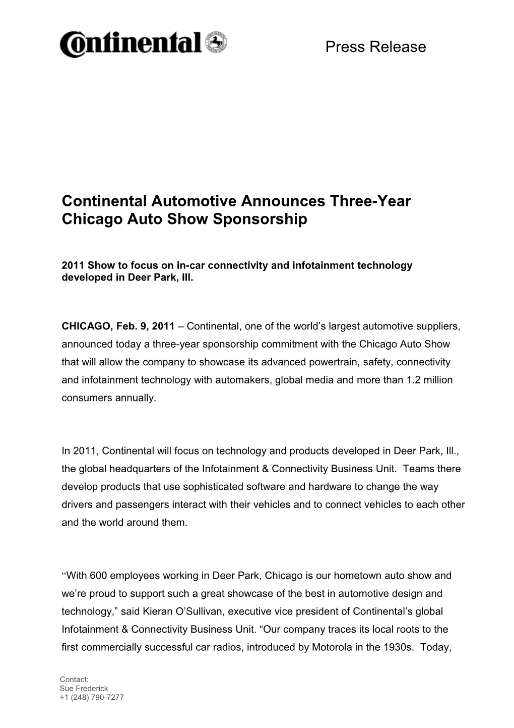 Continental Automotive Announces Three-Year Chicago Auto Show Sponsorship