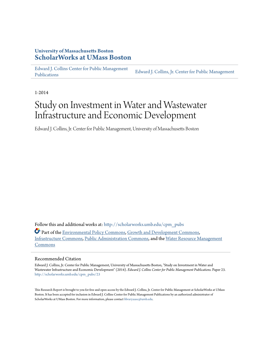 Study on Investment in Water and Wastewater Infrastructure and Economic Development Edward J