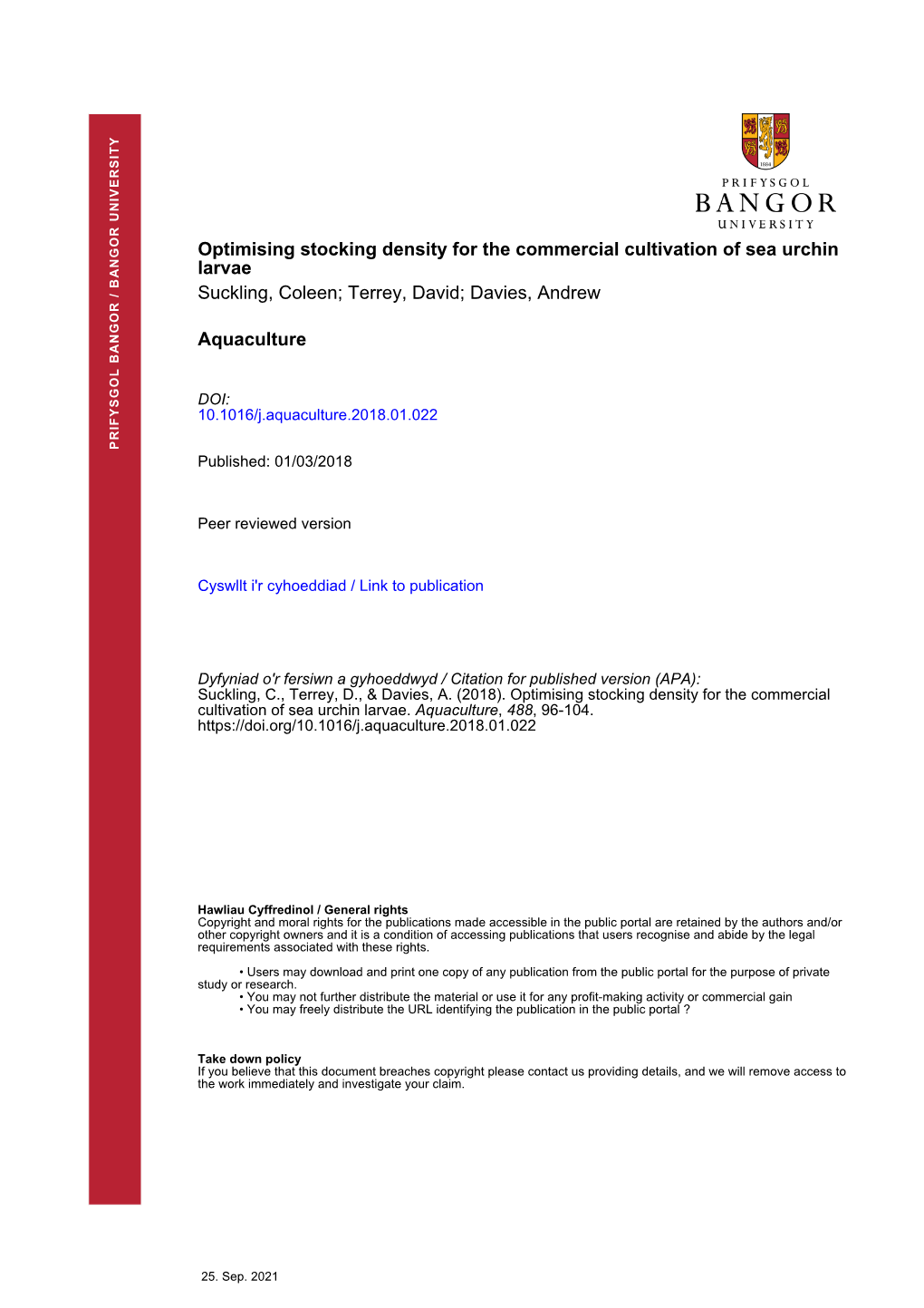 Optimising Stocking Density for the Commercial Cultivation of Sea Urchin