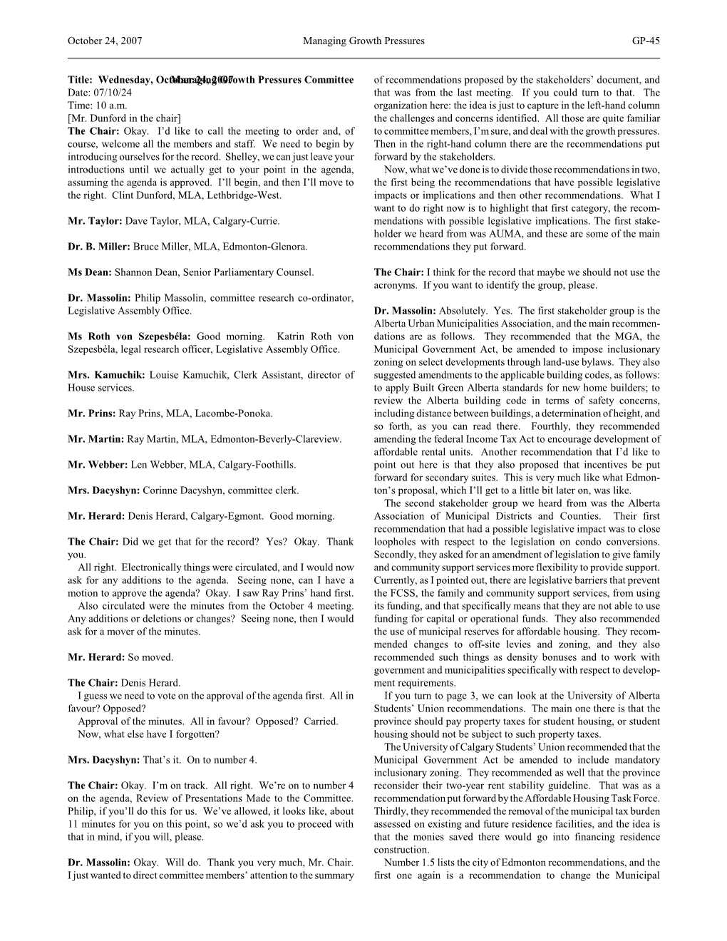 Wednesday, October 24, 2007 Managing Growth Pressures Committee Date