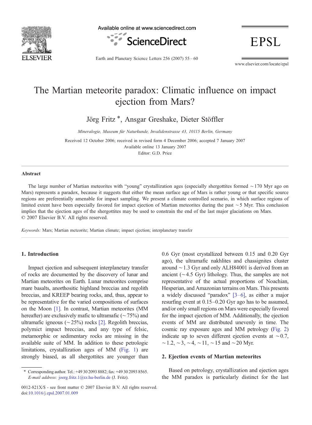 The Martian Meteorite Paradox: Climatic Influence on Impact Ejection from Mars? ⁎ Jörg Fritz , Ansgar Greshake, Dieter Stöffler