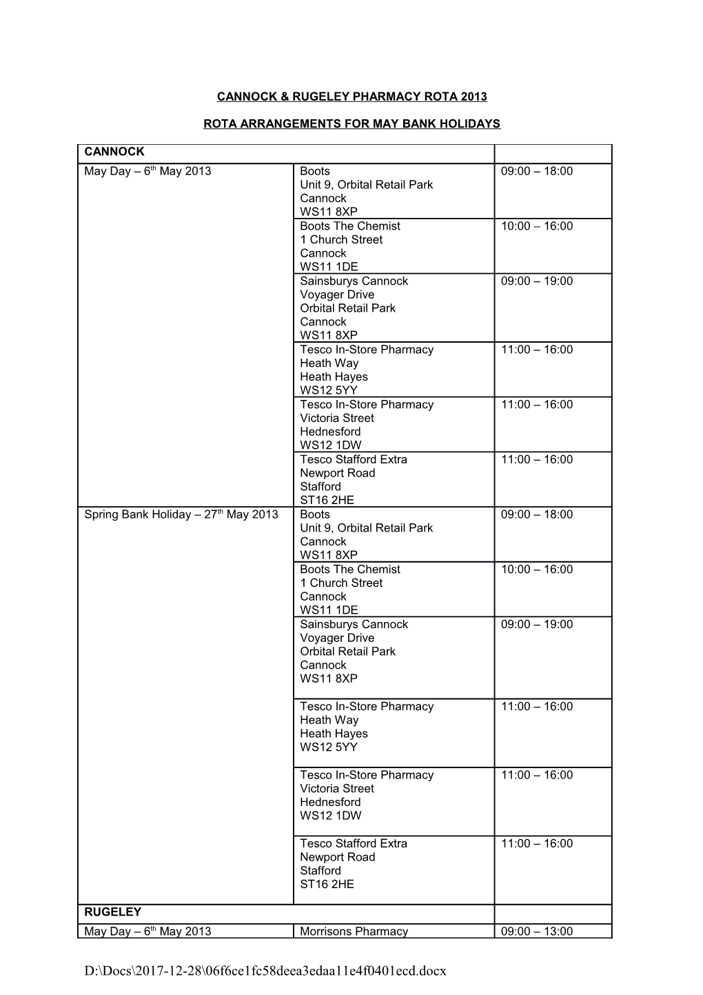 Rota for Stafford