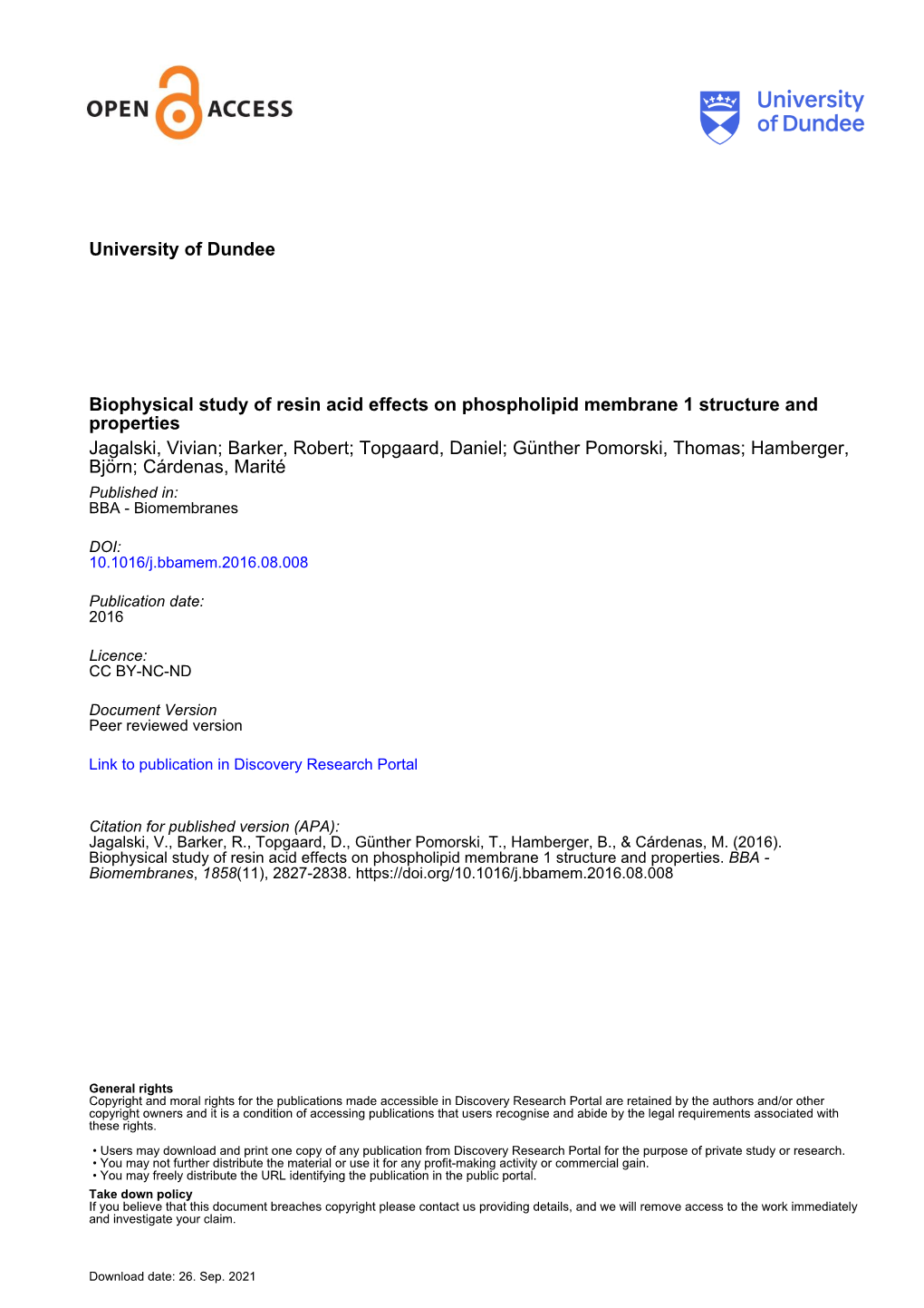 University of Dundee Biophysical Study of Resin Acid Effects On