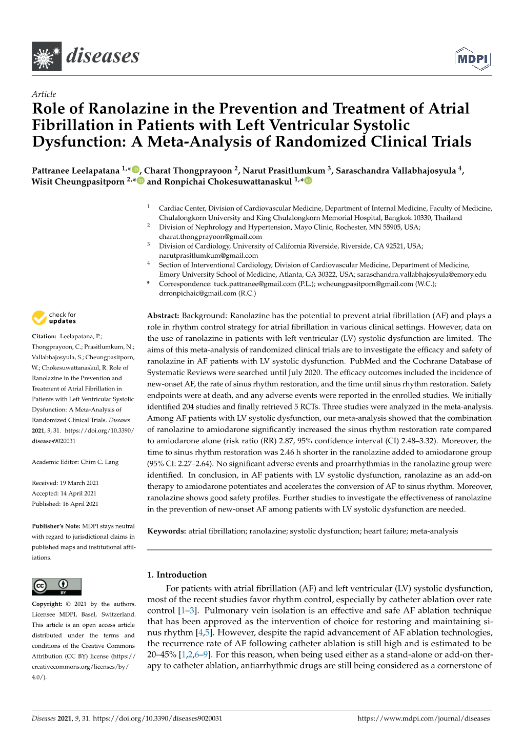 Role of Ranolazine in the Prevention and Treatment of Atrial Fibrillation