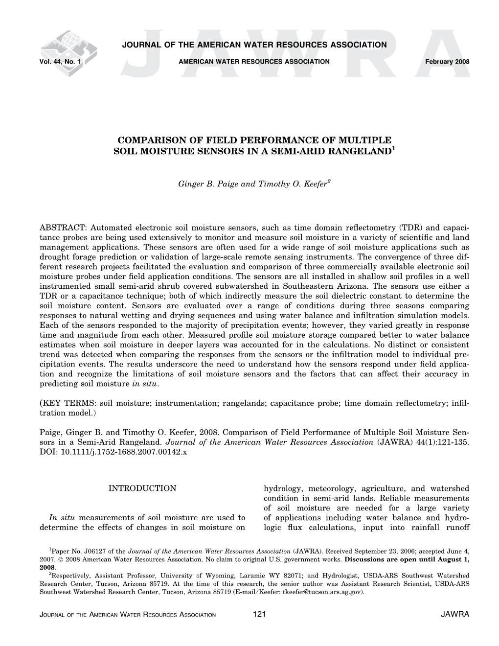 Comparison of Field Performance of Multiple Soil Moisture Sensors in a Semi-Arid Rangeland1