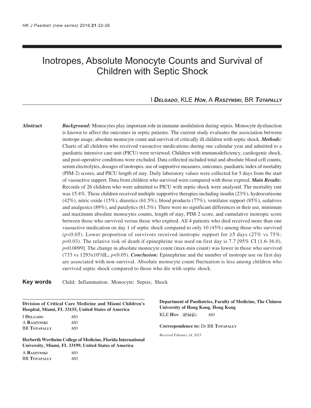 Inotropes, Absolute Monocyte Counts and Survival of Children with Septic Shock