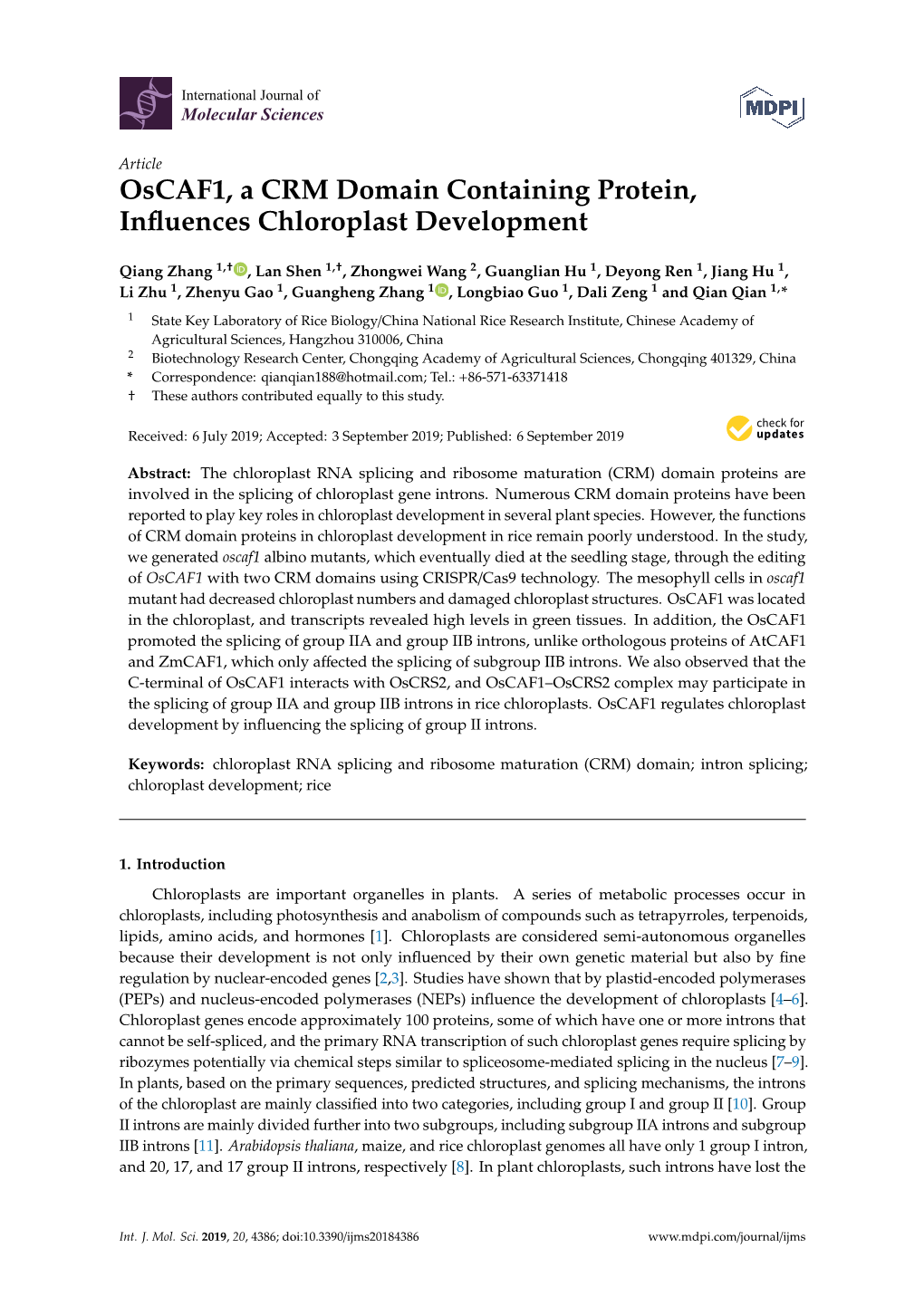 Oscaf1, a CRM Domain Containing Protein, Influences Chloroplast