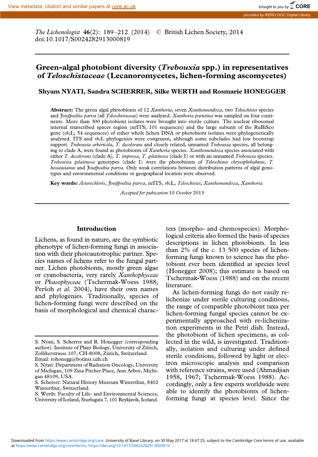 Green-Algal Photobiont Diversity (Trebouxia Spp.) in Representatives of Teloschistaceae (Lecanoromycetes, Lichen-Forming Ascomycetes)