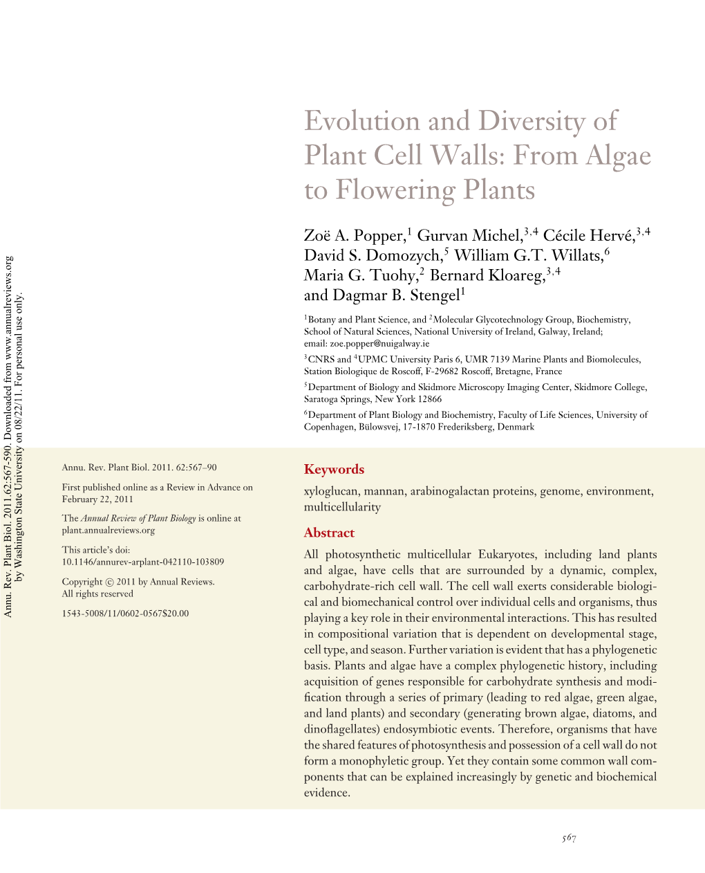 Evolution and Diversity of Plant Cell Walls: from Algae to Flowering Plants