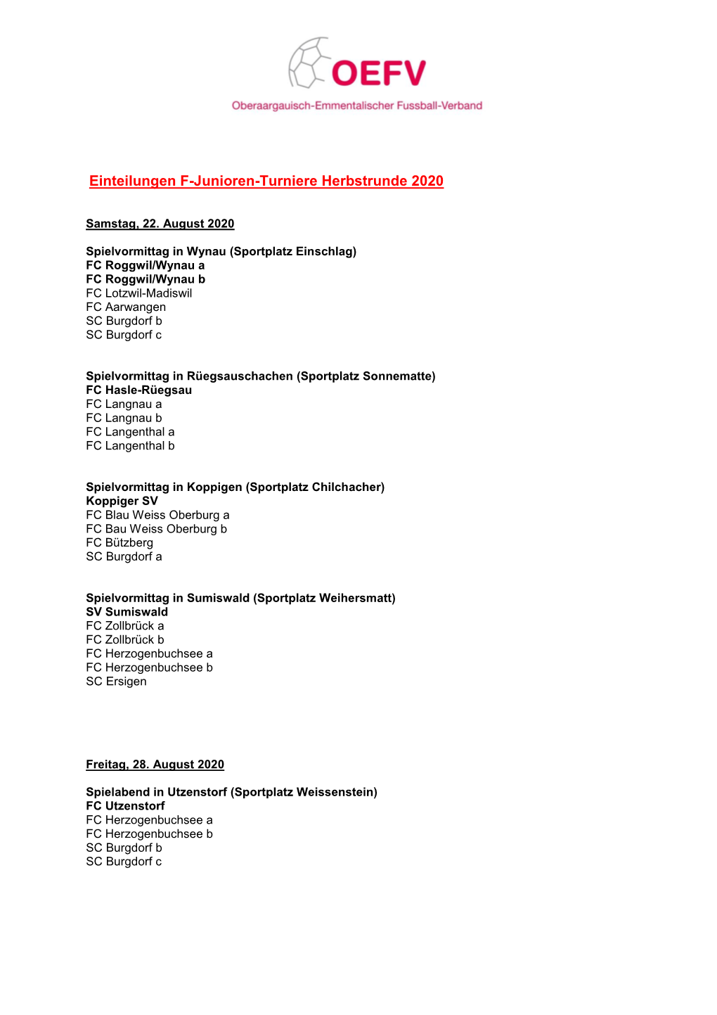 Einteilungen F-Junioren-Turniere Herbstrunde 2020