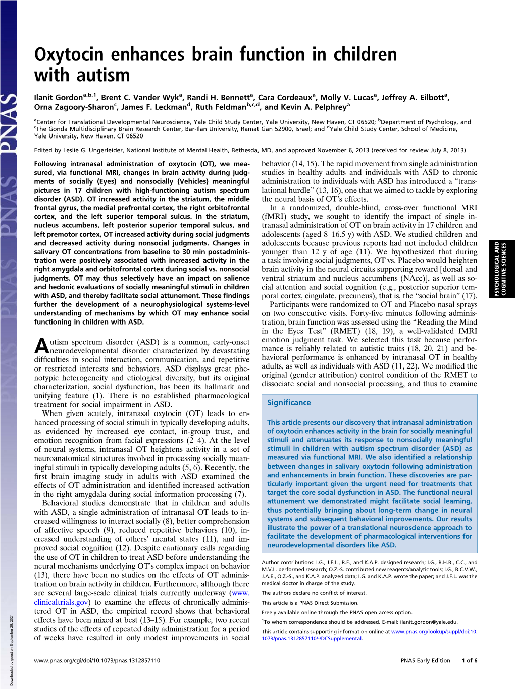 Oxytocin Enhances Brain Function in Children with Autism