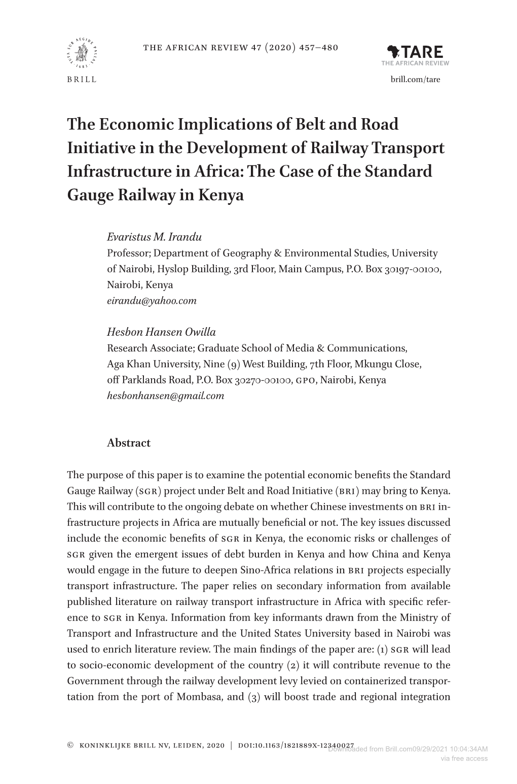 Downloaded from Brill.Com09/29/2021 10:04:34AM Via Free Access 458 Irandu and Owilla Through Better Rail Connectivity