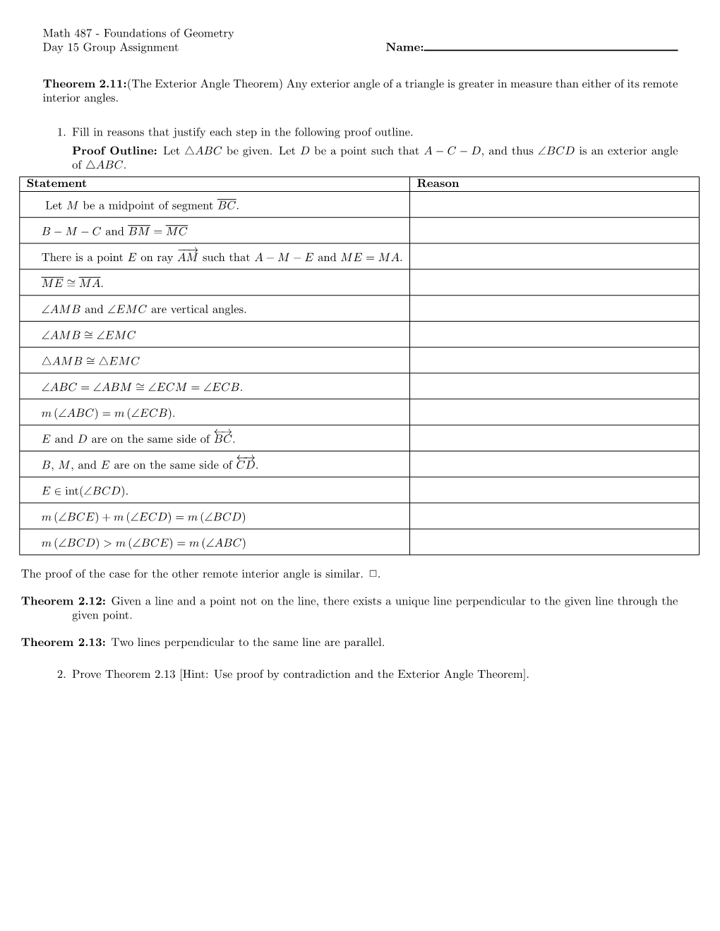 Math 487 - Foundations of Geometry Day 15 Group Assignment Name