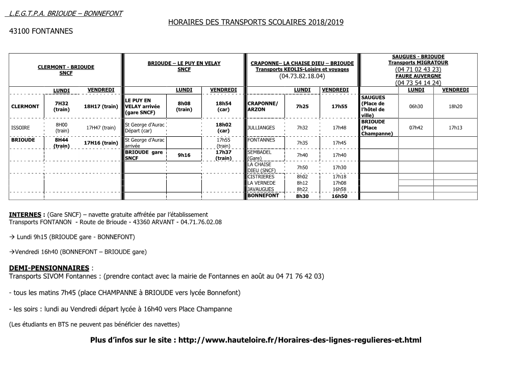 Horaires Des Transports Scolaires 2018/2019 43100 Fontannes