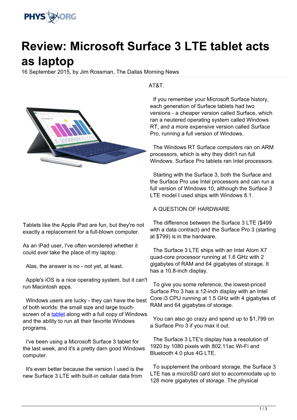 Review: Microsoft Surface 3 LTE Tablet Acts As Laptop 16 September 2015, by Jim Rossman, the Dallas Morning News