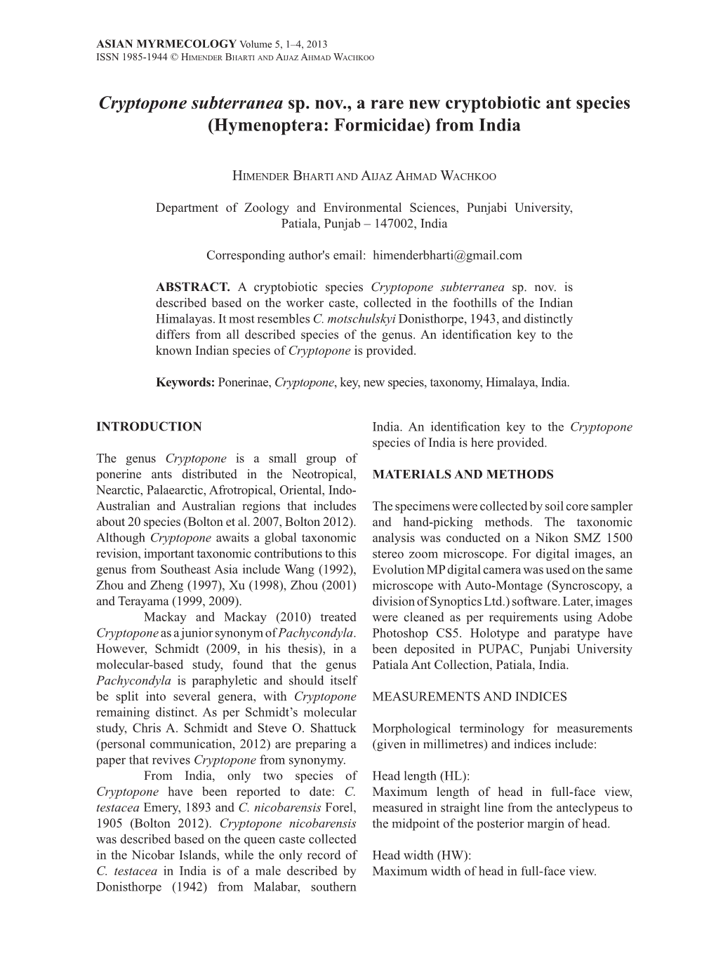 Cryptopone Subterranea Sp. Nov., a Rare New Cryptobiotic Ant Species (Hymenoptera: Formicidae) from India