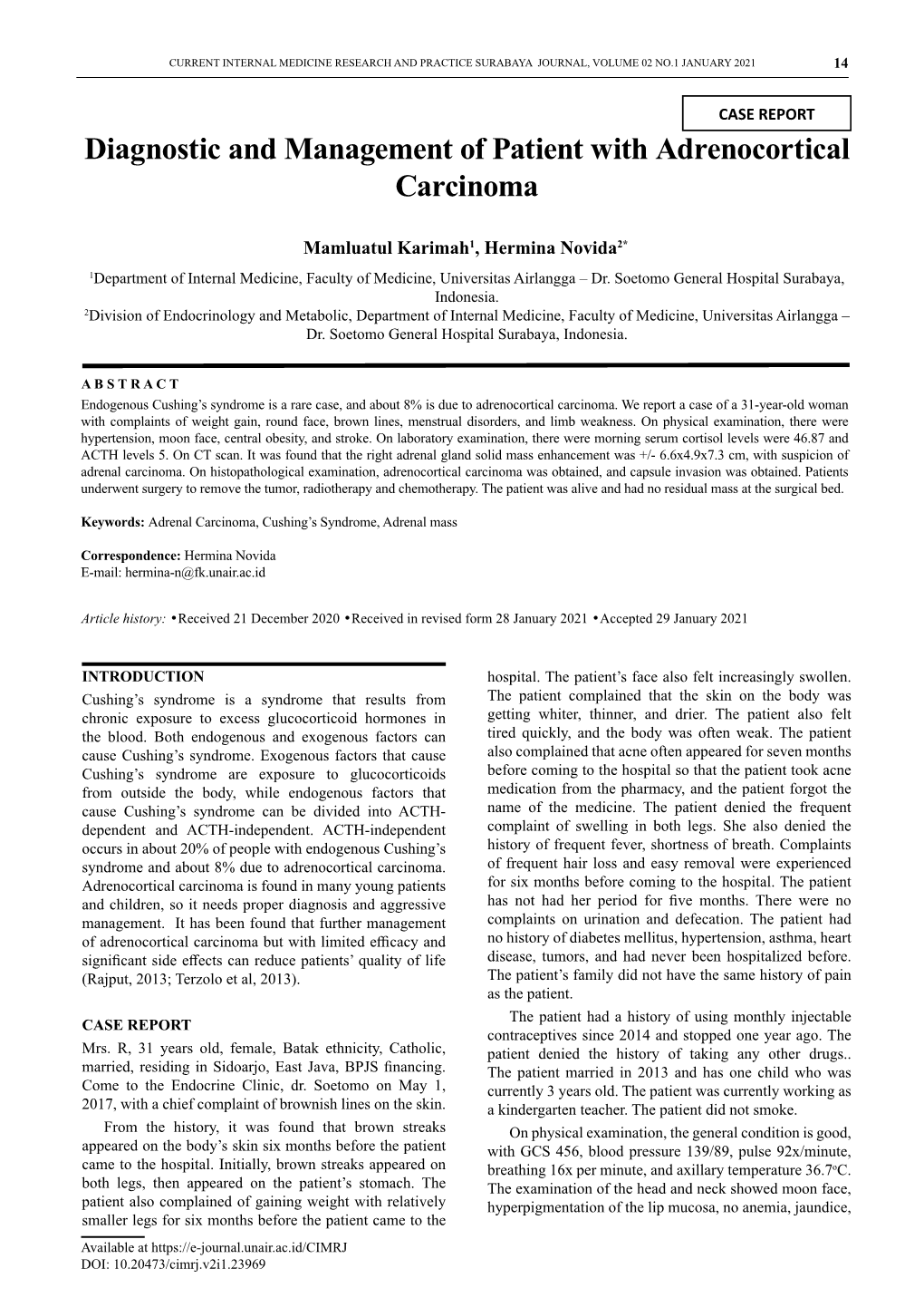 Diagnostic and Management of Patient with Adrenocortical Carcinoma