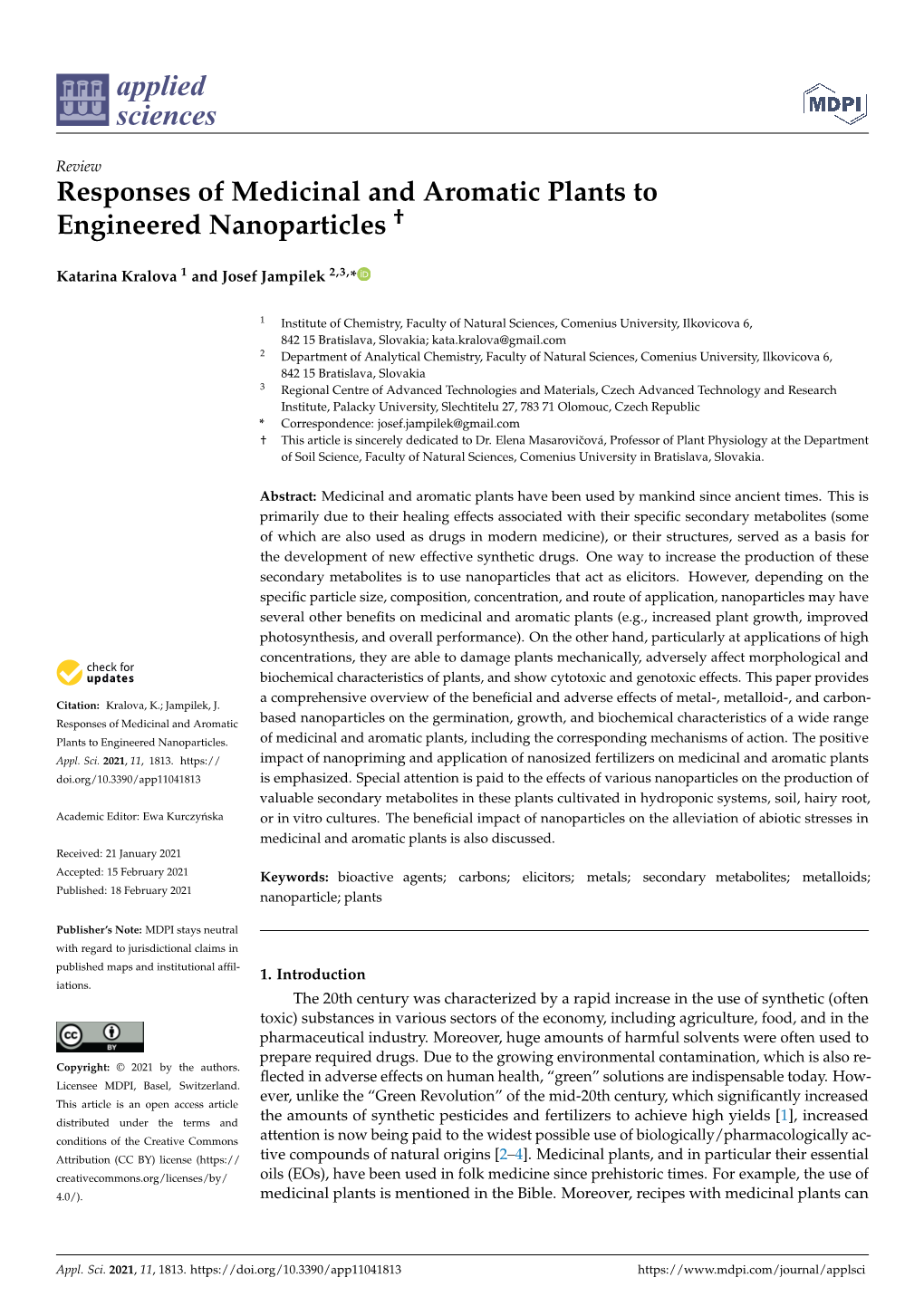 Responses of Medicinal and Aromatic Plants to Engineered Nanoparticles †