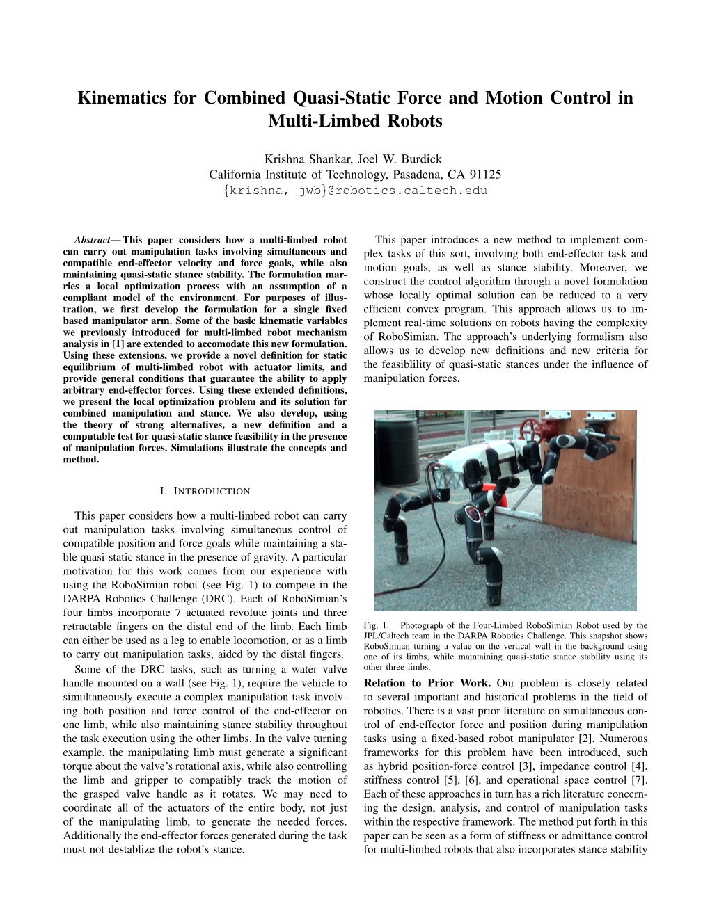 Kinematics for Combined Quasi-Static Force and Motion Control in Multi-Limbed Robots